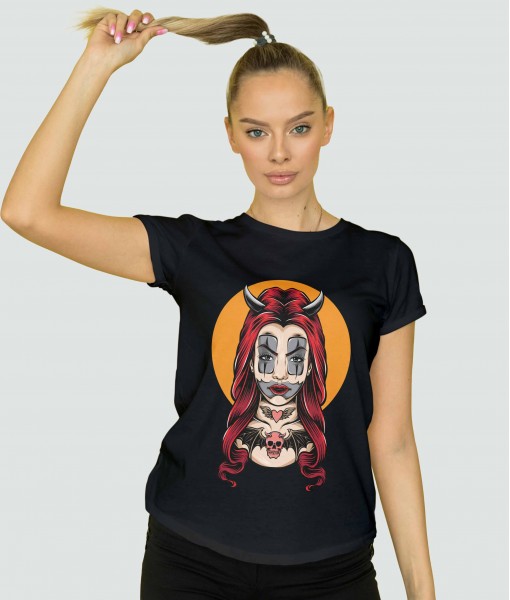 Дамска тениска с щампа Арт Devil girl with clown face